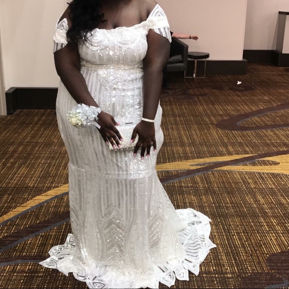 Off the shoulder White PromDress w/Silver Sparkles
